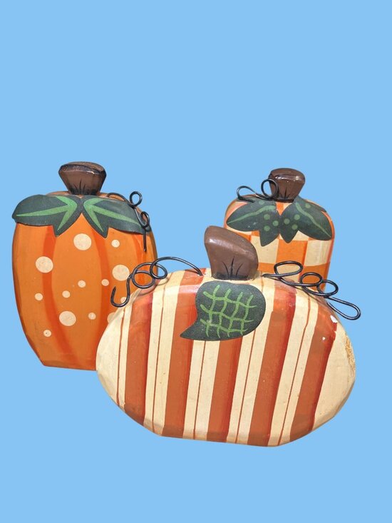 Other - Handcrafted Wooden Pumpkin Set With Painted Stripes and Polka Dots
